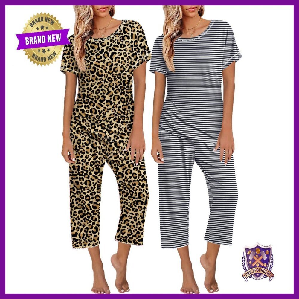 2 Pack Short Sleeve Pajama Sets with Capri Pants, Soft Sleepwear